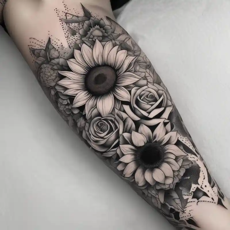 sunflower and roses floral sleeve tattoo drake tattoos